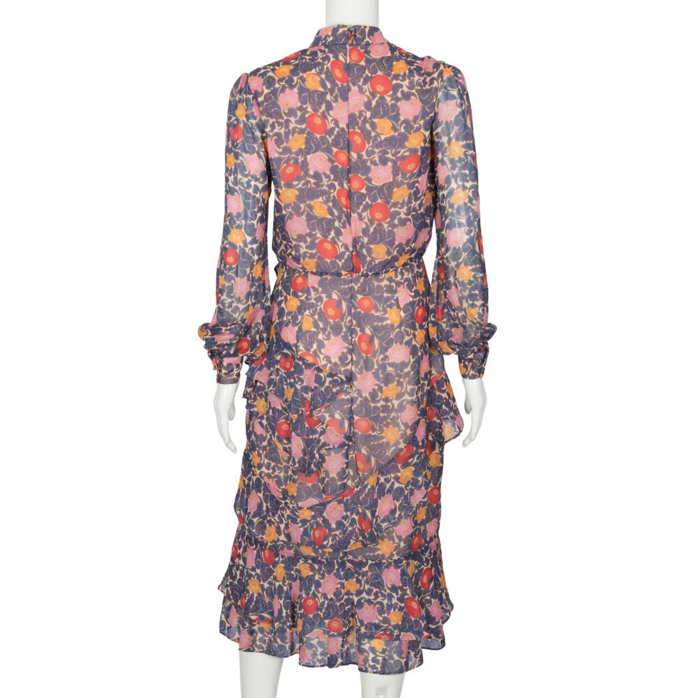 SALONI Royal Blue Silk Chiffon Floral Print Ruffle Accent Midi Dress Size 4 - Picture 2 of 2